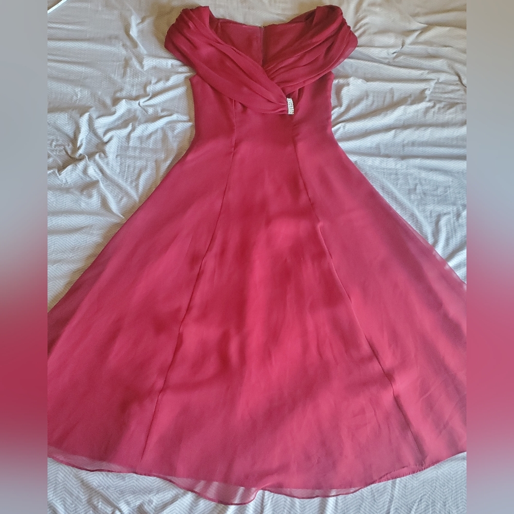 Satin Chiffon Off Shoulder Formal Dress; Burgundy/Maroon